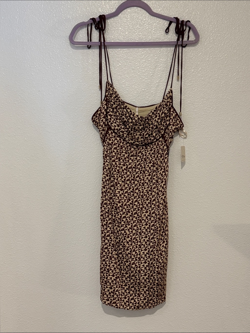 Free People Brown & Cream Geometric Cowl-Neck Tie-Strap Mini Dress